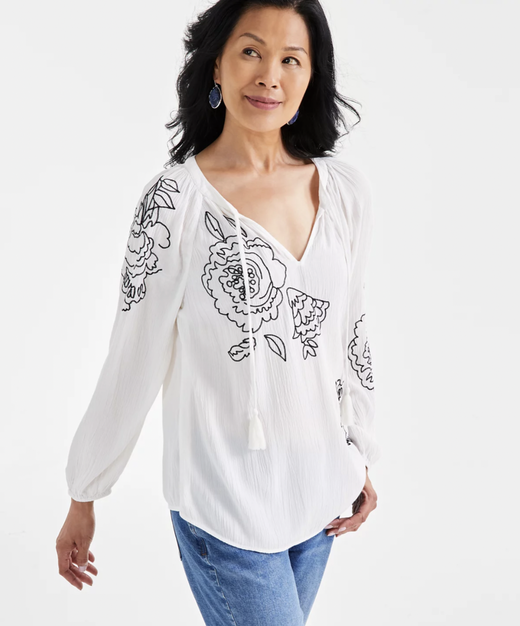 Style & Co Embroidered Popover Peasant Top, Created for Macy's