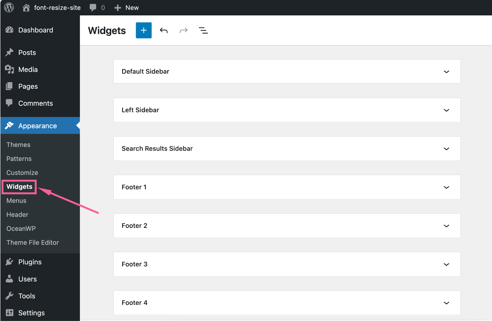 La interfaz Apariencia > Widgets en WordPress