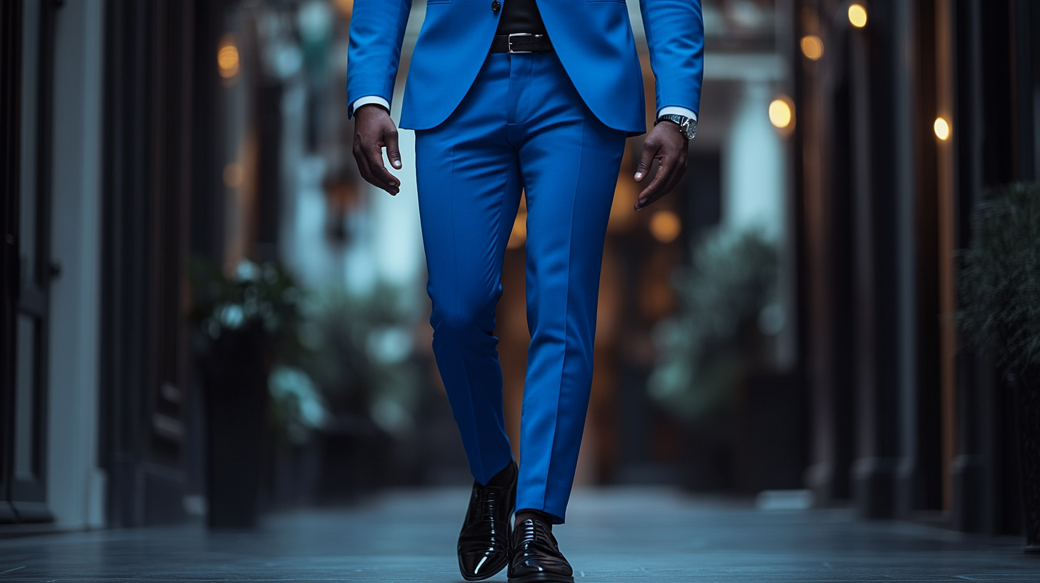 A man confidently wearing a royal blue suit with black shoes, exuding elegance and boldness. The suit is tailored perfectly, with sharp lines and a rich, deep royal blue color that catches the light. The black shoes are sleek and polished, adding a touch of sophistication. The man’s pose is relaxed yet assured, as if attending an evening event or an upscale party. The setting has a slightly dimmed background to highlight the vibrancy of the royal blue suit. Subtle accessories like a black belt, a simple tie, and a watch add to the refined look. The lighting is dramatic, accentuating the richness of the suit and the glossiness of the black shoes