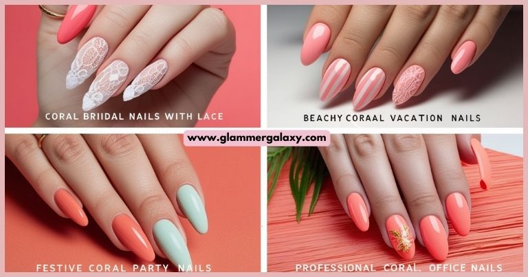 Four sets of hands with coral nail designs for bridal, vacation, party, and office looks.