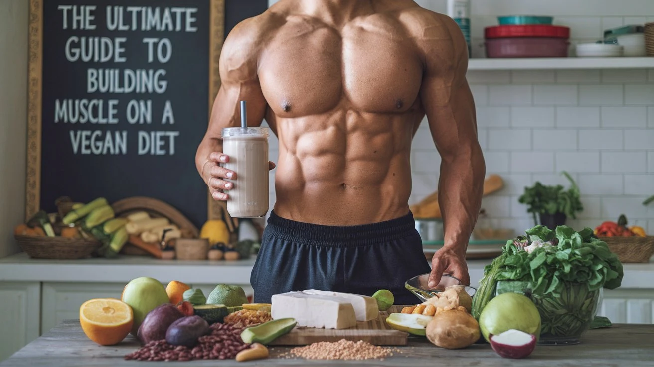 A strong, fit individual holding a vegan protein shake, surrounded by healthy plant-based foods like tofu, lentils, and leafy greens.