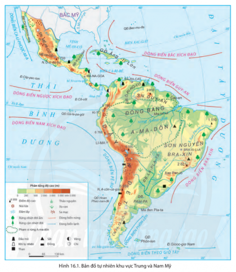 BÀI 16: THIÊN NHIÊN TRUNG VÀ NAM MỸ  Phân hóa tự nhiên theo chiều đông - tâyCâu hỏi: Quan sát hình 16.1 và đọc thông tin trong bài, em hãy trình bày sự phân hoá theo chiều đông - tây của tự nhiên khu vực Trung và Nam Mỹ.Giải nhanh:Ở Trung Mỹ, các sườn núi phía đông và các quần đảo có mưa nhiều, rừng rậm nhiệt đới phủ kín. Còn các sườn núi phía tây thì mưa ít hơn, phát triển xavan và rừng thưa, cây bụi.Ở Nam Mỹ, phân bố địa hình theo hướng đông - tây rất rõ nét:- Phía đông là các sơn nguyên:  - Sơn nguyên Guy-a-na: khí hậu nóng ẩm, rừng rậm rạp.  - Sơn nguyên Bra-xin: đất tốt nhưng khí hậu khô hạn hơn, cảnh quan rừng thưa và xavan chủ yếu.- Ở giữa là các đồng bằng:  - Đồng bằng A-ma-dôn: rộng và bằng phẳng nhất thế giới, rừng rậm bao phủ do mưa quanh năm.  - Các đồng bằng khác có mưa ít, phát triển chủ yếu là xavan và cây bụi.- Phía tây là miền núi trẻ An-đét, gồm nhiều dãy núi song song, thung lũng và cao nguyên xen kẽ, với cảnh quan khác biệt giữa sườn đông và sườn tây.Phân hóa tự nhiên theo chiều bắc - namCâu hỏi: Quan sát hình 16.2 và đọc thông tin trong bài, em hãy trình bày sự phân hoá tự nhiên của khu vực Trung và Nam Mỹ theo chiếu bắc - nam.Giải nhanh:Thiên nhiên Trung và Nam Mỹ phân hoá đa dạng theo chiều bắc - nam, có các đới khí hậu khác nhau:- Đới khí hậu xích đạo và cận xích đạo: + Phân bố: quần đảo Ăng-ti, Sơn nguyên Guy-a-na, đồng bằng La-nốt và A-ma-dôn.  + Khí hậu: nóng quanh năm, mưa nhiều hơn từ tây sang đông.  + Cảnh quan: chủ yếu là rừng nhiệt đới ẩm và xavan.- Đới khí hậu nhiệt đới:  + Phân bố: Trung Mỹ và khu vực chí tuyến Nam lục địa Nam Mỹ.  + Khí hậu: nóng quanh năm, mưa tăng từ tây sang đông.  + Cảnh quan: từ hoang mạc, cây bụi đến rừng nhiệt đới ẩm và xavan.- Đới khí hậu cận nhiệt:  + Phân bố: phía nam lục địa Nam Mỹ.  + Khí hậu: mùa hạ nóng, mùa đông ấm.  + Cảnh quan:    - Ven biển phía đông: rừng cận nhiệt và thảo nguyên rừng.  - Ven biển phía tây: hoang mạc và bán hoang mạc.- Đới khí hậu ôn đới: + Phân bố: phần cực nam lục địa Nam Mỹ.  + Khí hậu: mùa hạ mát, mùa đông không quá lạnh.  + Cảnh quan:   Vùng mưa nhiều: rừng hỗn hợp.   Vùng mưa ít: hoang mạc và bán hoang mạc.Phân hóa tự nhiên theo chiều caoCâu hỏi: Quan sát hình 16.3 và đọc thông tin trong bài, em hãy trình bày sự phân hoá tự nhiên theo chiều cao của dãy núi An-đét.Giải nhanh:Sự phân hoá tự nhiên theo chiều cao của dãy núi An-đét:- Ở dưới thấp:  + Vùng Bắc và Trung An-đét: Khí hậu nóng ẩm, rừng xích đạo xanh quanh năm.  + Vùng Nam An-đét: Khí hậu ôn hoà, rừng cận nhiệt và ôn đới phát triển. - Càng lên cao, nhiệt độ và độ ẩm thay đổi, cảnh quan tự nhiên chuyển từ rừng xích đạo xuống rừng cận nhiệt và ôn đới, cuối cùng là băng tuyết trên đỉnh núi.Luyện tập – Vận dụng