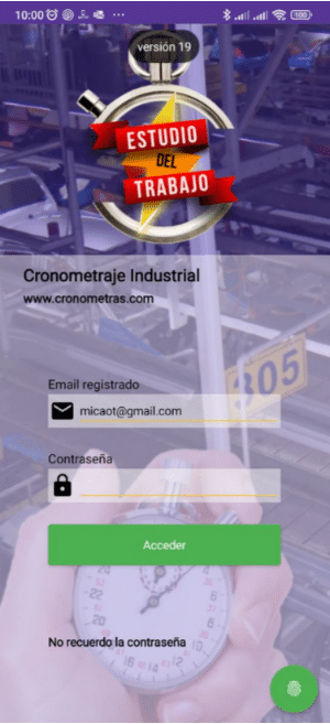 Login en app de cronometraje industrial CronometrasApp 