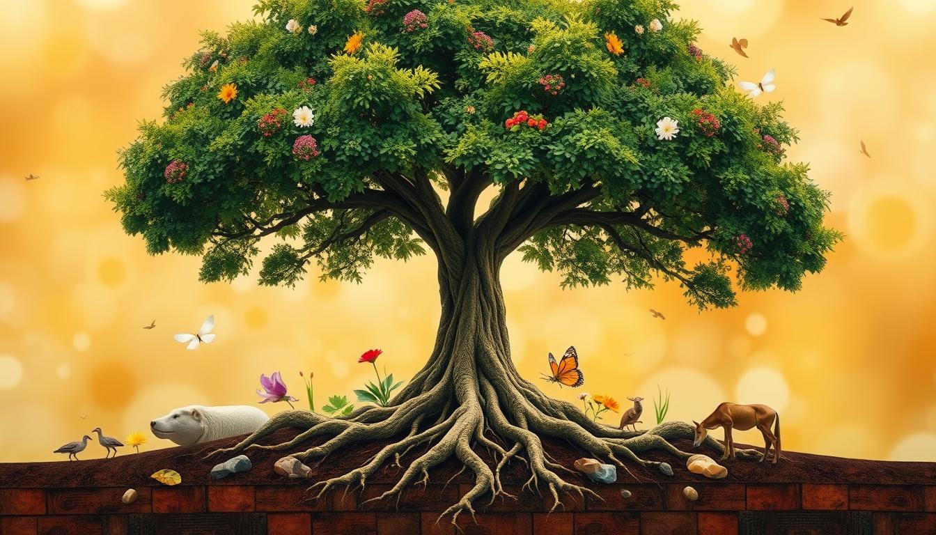 An image featuring a tree with roots firmly planted in the ground, symbolizing stable foundations. Surround the tree with various natural elements such as flowers, rocks, and animals, representing the interconnectedness of all living things. Use warm and vibrant colors to convey a sense of positivity and growth. The image should inspire feelings of hope and encourage the viewer to manifest someone back into their life through affirmations and purposeful intention.