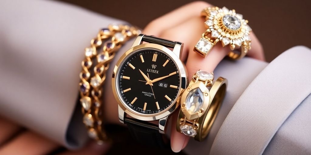 Luxury watch with elegant jewelry accessories.