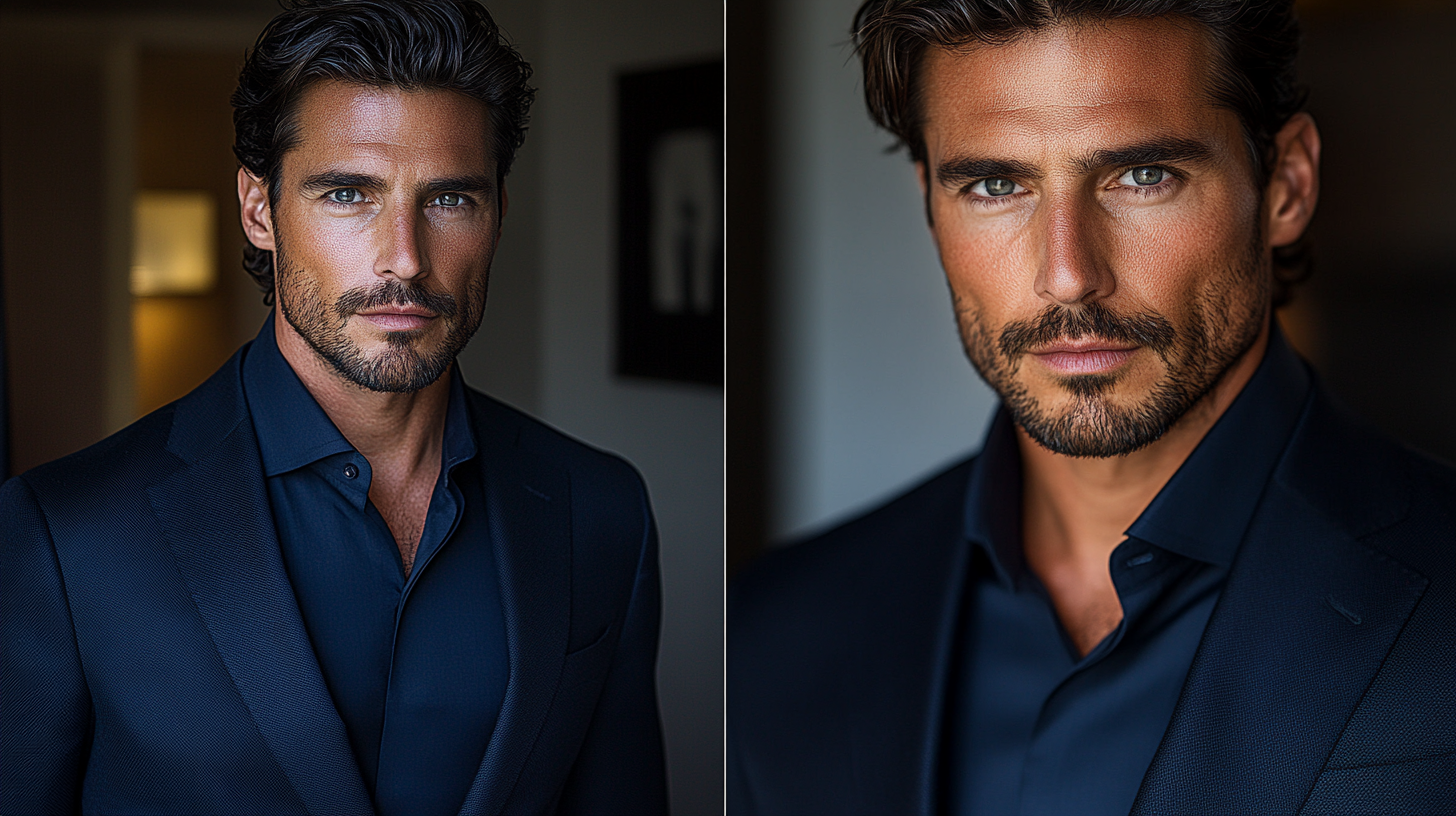 A split-screen image: On the left, a man in a black suit with a navy blue shirt, presenting a strong, formal look. The background is a business setting or formal event, with a hint of sophistication in the environment. On the right, a close-up of the navy blue shirt’s rich fabric, with neat folds and a crisp collar tucked under the black suit. Deep, rich lighting, ultra-detailed, 8K resolution.