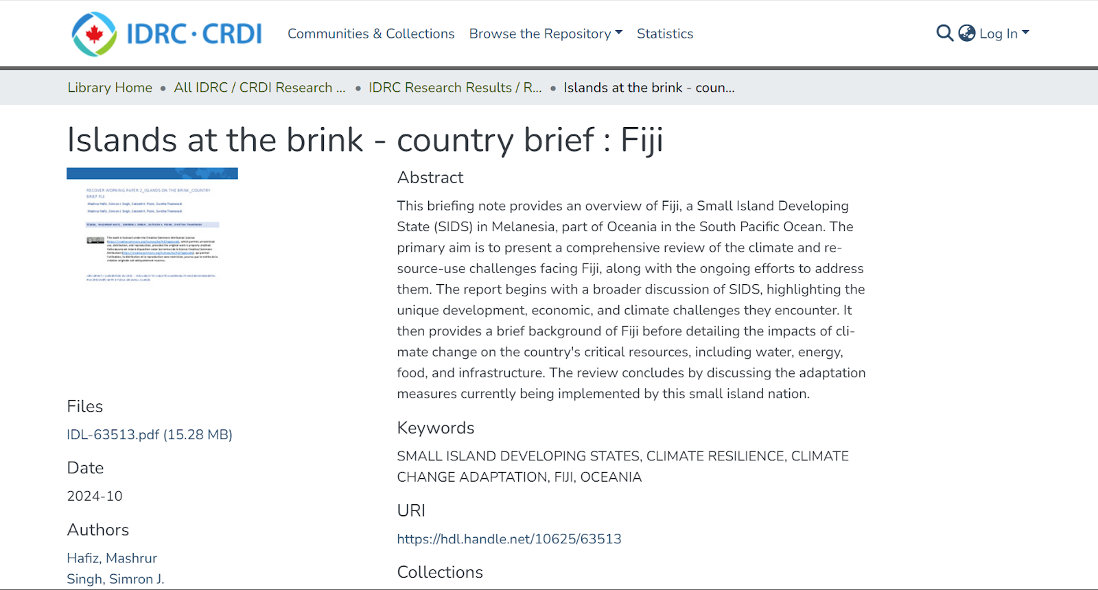 Example of a research output as it appears in the IDRC repository