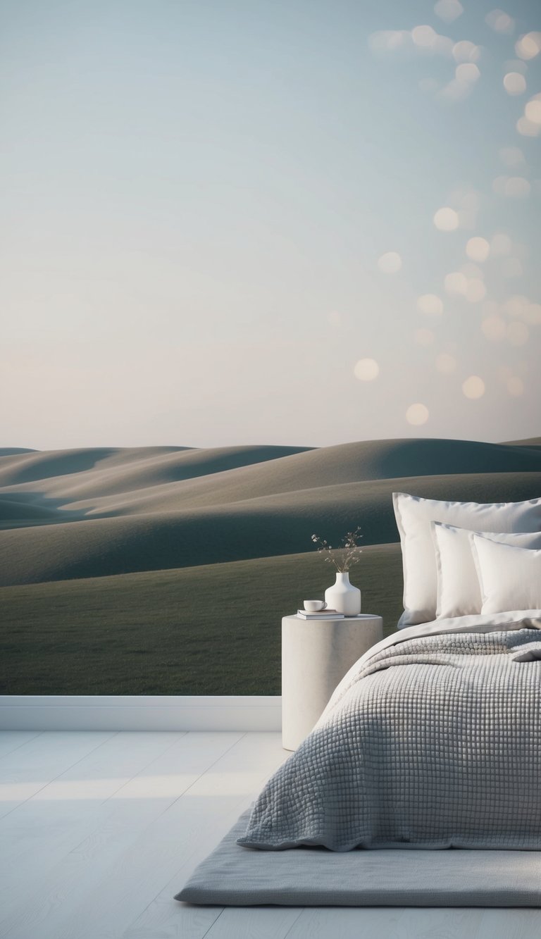 A serene, muted landscape with soft, rolling hills and a calm, minimalist bedroom with clean lines and neutral colors