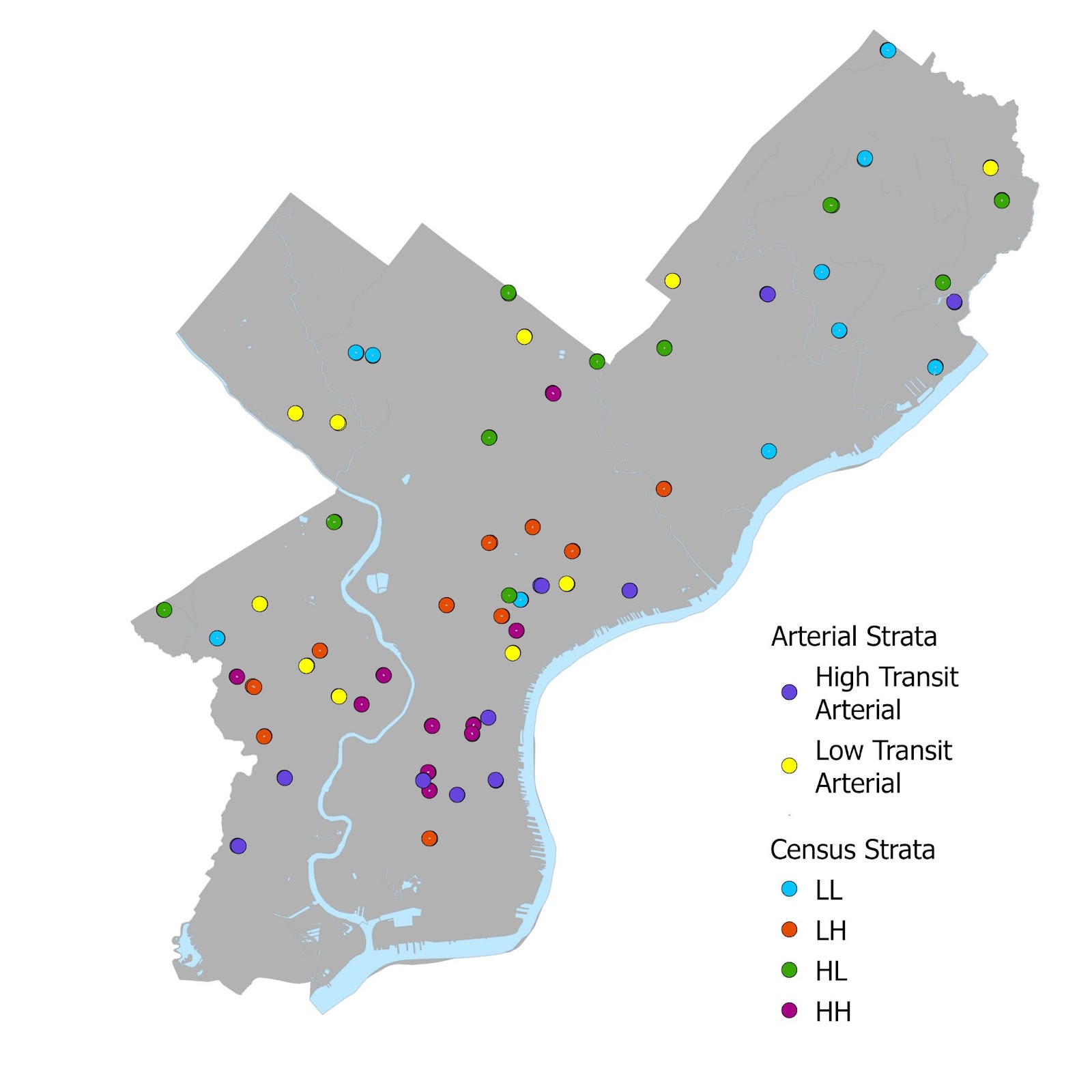 Count stations in Philadelphia, PA symbolized by their strata categorizations.