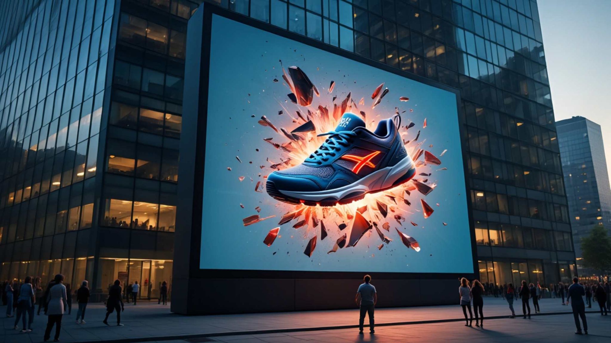 High-impact 3D Outdoor Digital Display Qatar showcasing an immersive sneaker ad with explosive visual effects on a city building.