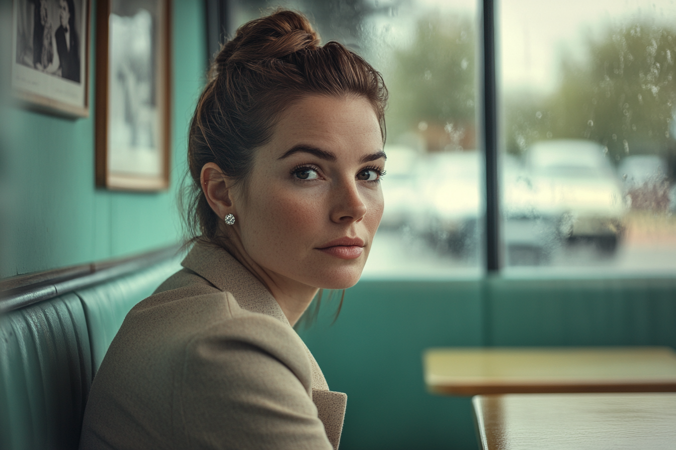 Woman in her 30s sitting in the booth of a café looking expectant | Source: Midjourney