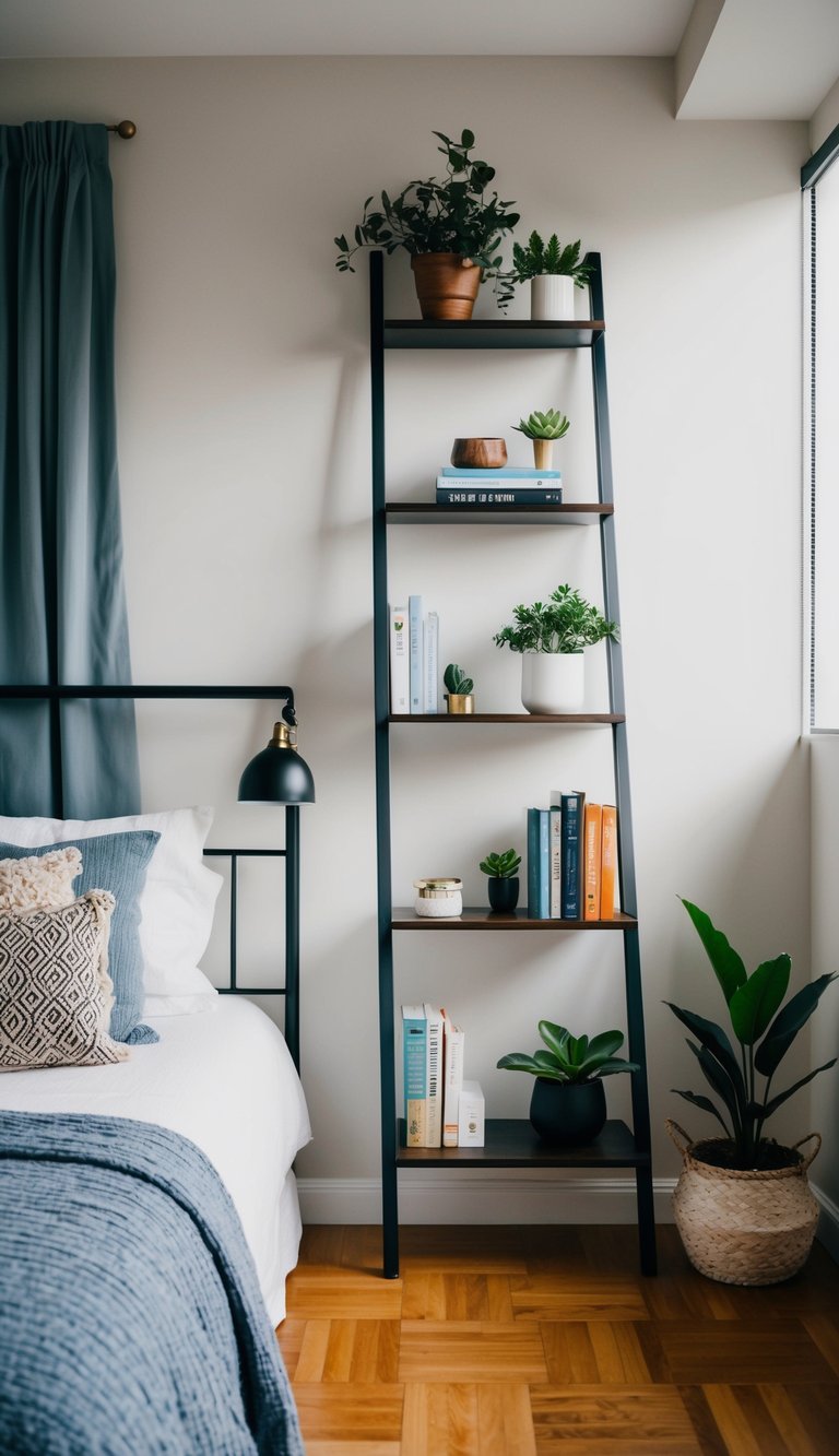 A sleek industrial ladder shelf stands against a wall in a cozy guest bedroom, adorned with books, plants, and decorative items