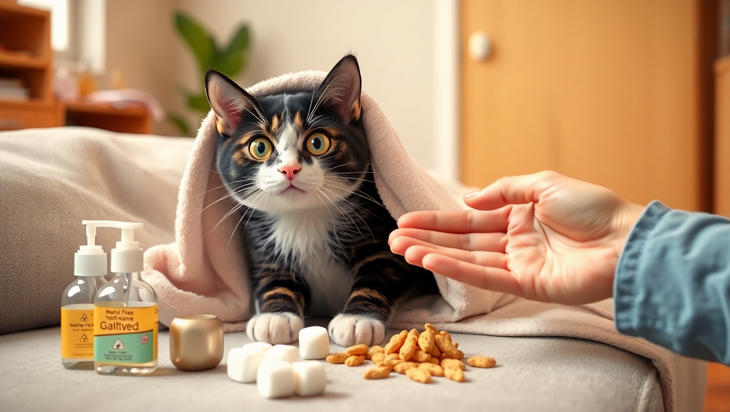 Calico cat being offered treats after ear cleaning with medication bottles and supplements on table.