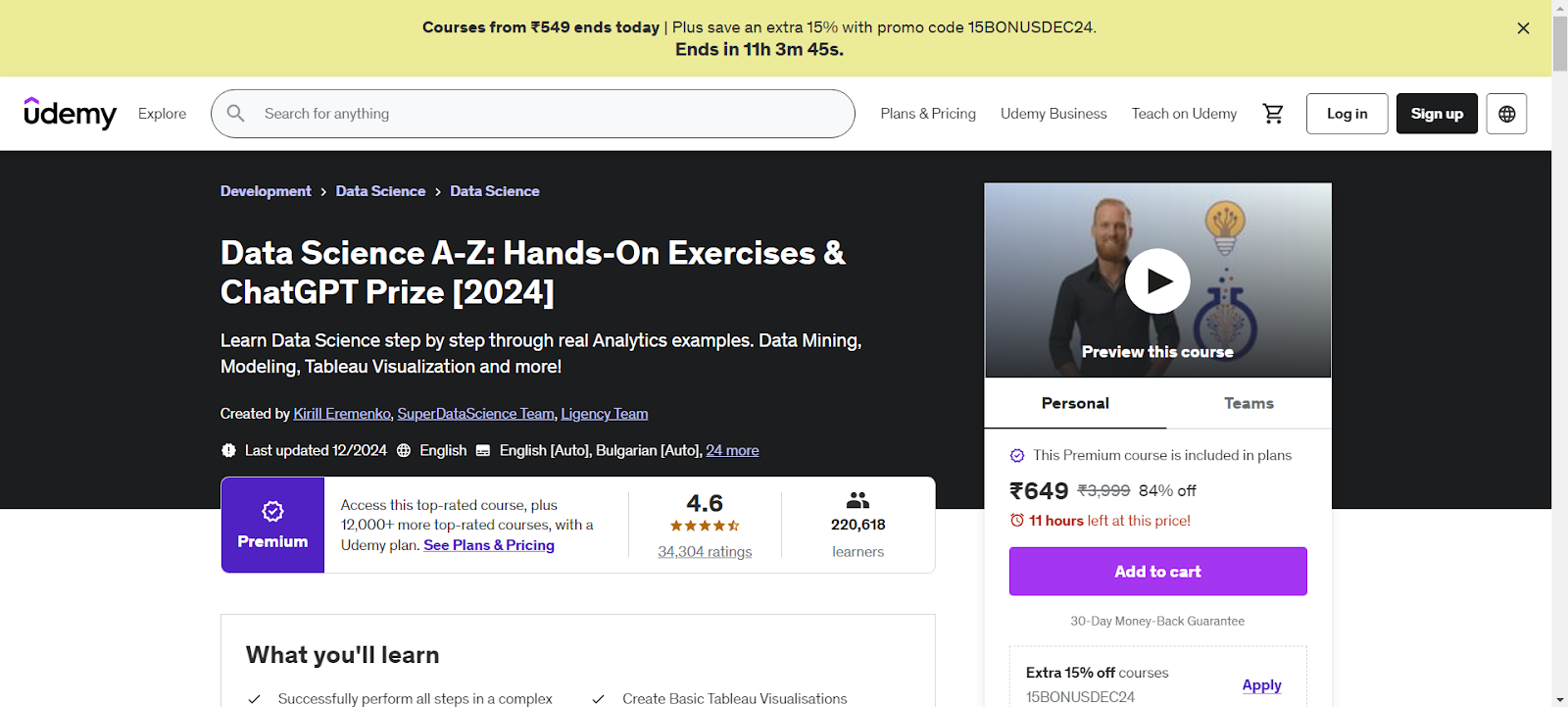 Udemy: Data Science A-Z: Hands-On Exercises and ChatGPT Bonus