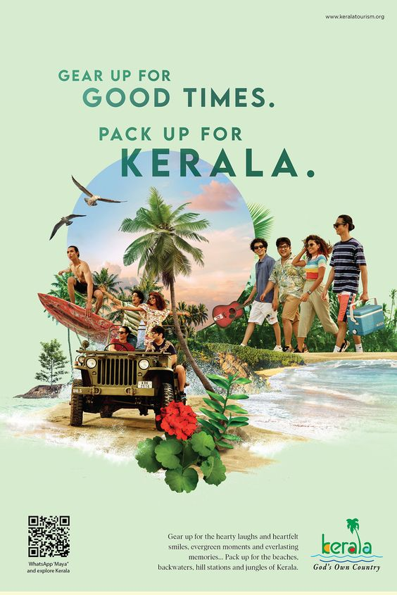 A Kerela tourist collage style add with tropical views and group of young trourists