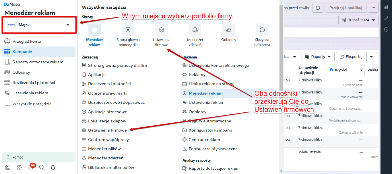 Ustawienia firmowe w panelu Meta Ads