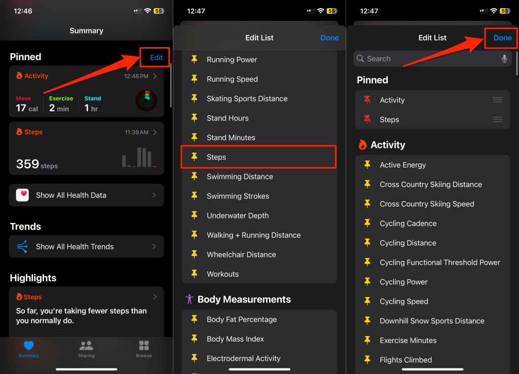 Steps to Pin Steps in the iPhone Health app