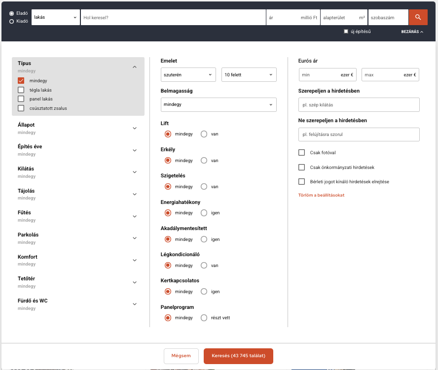 Képernyőfotó az ingatlan.com részletes keresőjéről. Az ingatlankeresés folyamatában segít, ha pontosan szűrsz az igényeidre.