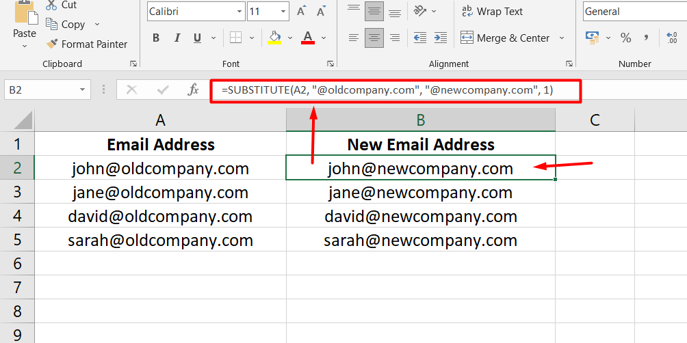 The formula used in the right column is =SUBSTITUTE(A2, "@oldcompany.com", "@newcompany.com", 1).