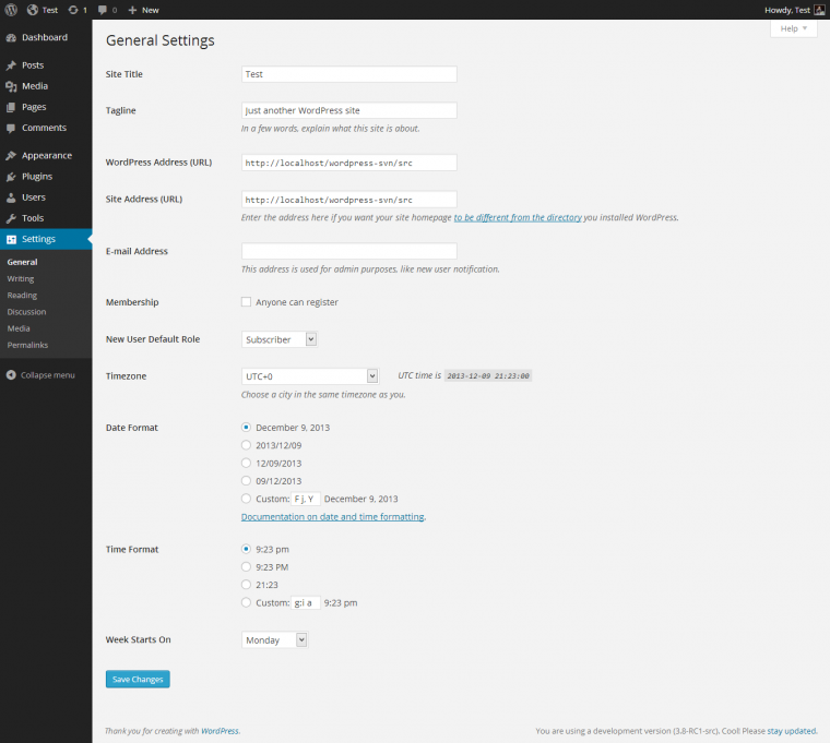 WordPress general settings