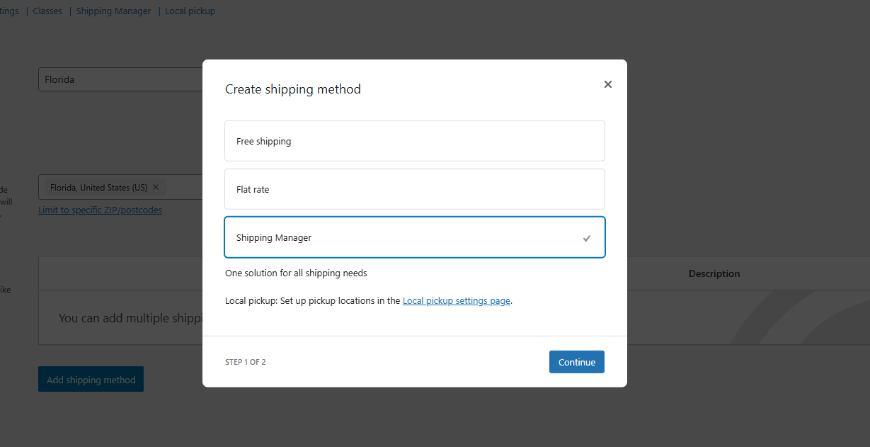 Select shipping manager and clicking continue 