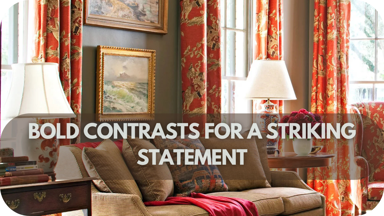 Using bold contrasts in curtains and blinds to create a striking statement against brown walls.