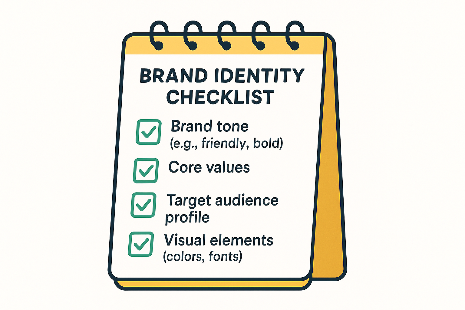 A notepad graphic titled “Brand Identity Checklist” lists brand tone, core values, target audience, and visual elements, each with a green checkmark