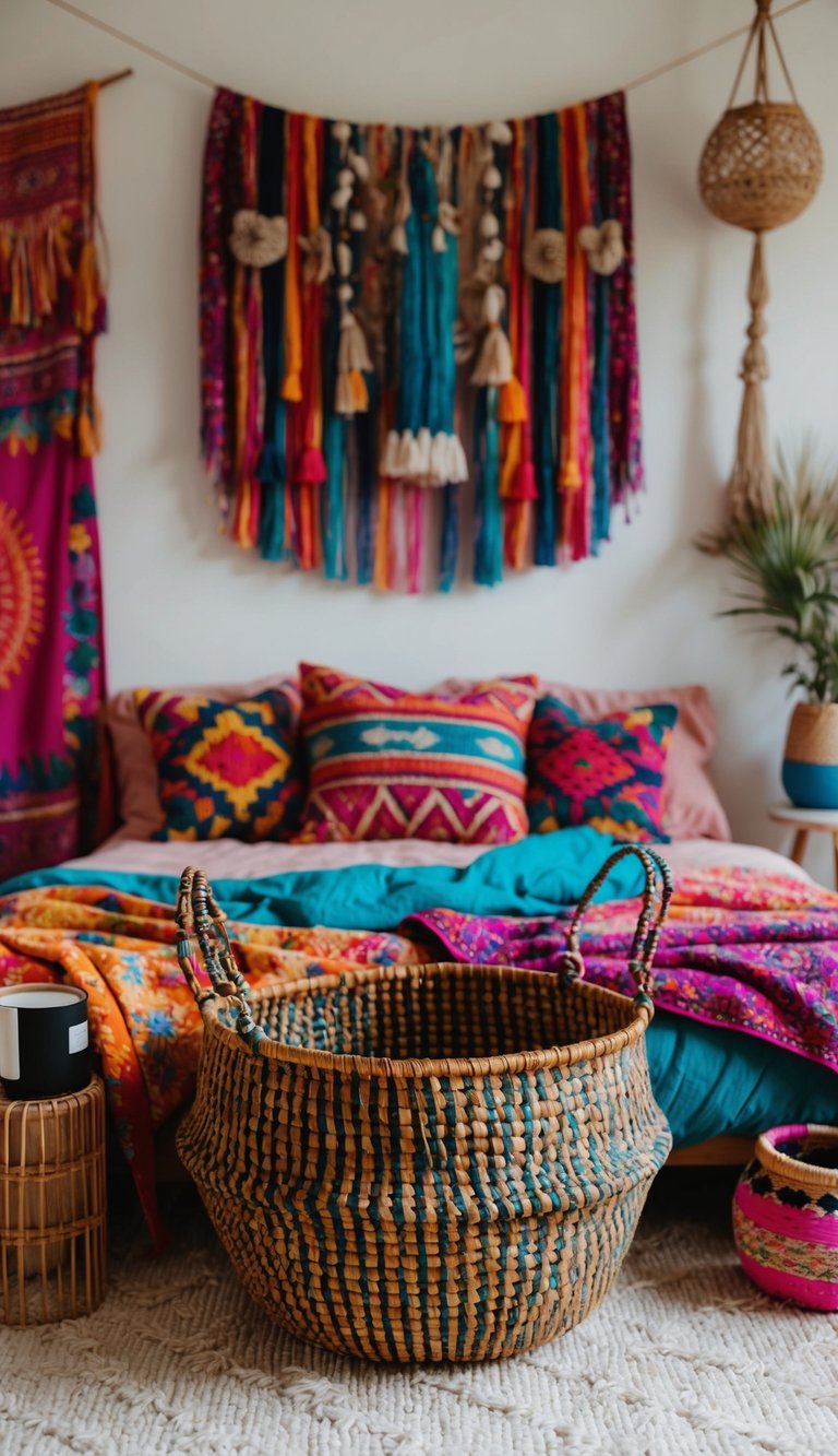 An artisan woven basket sits in an eclectic boho bedroom, surrounded by colorful textiles and unique decor