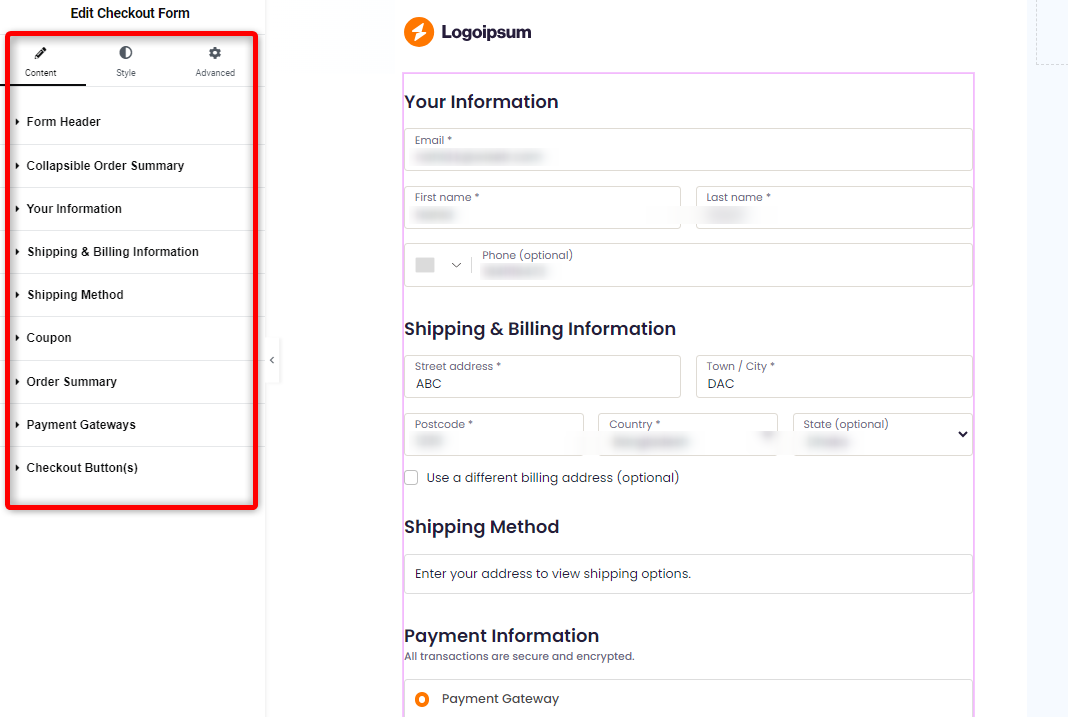 Checkout form options