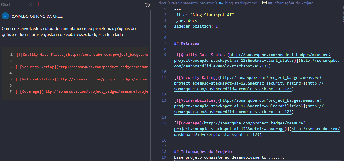 Imagem capa do conteúdo sobre Documentação técnica com IA onde há uma captura de imagem inserindo prompt solicitando para alinhar os badges lado a lado.