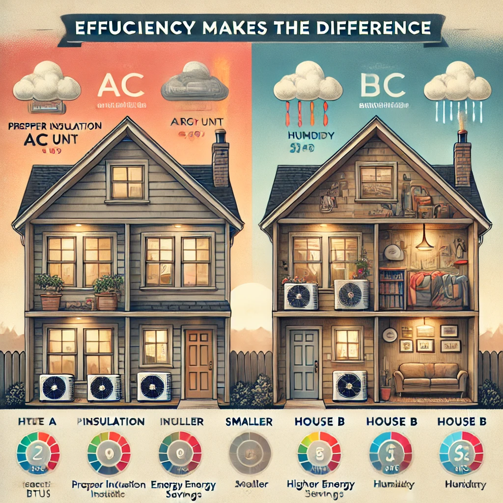 Side-by-side comparison of two similar homes with different insulation and AC efficiency levels showing long-term cost impact and humidity control.