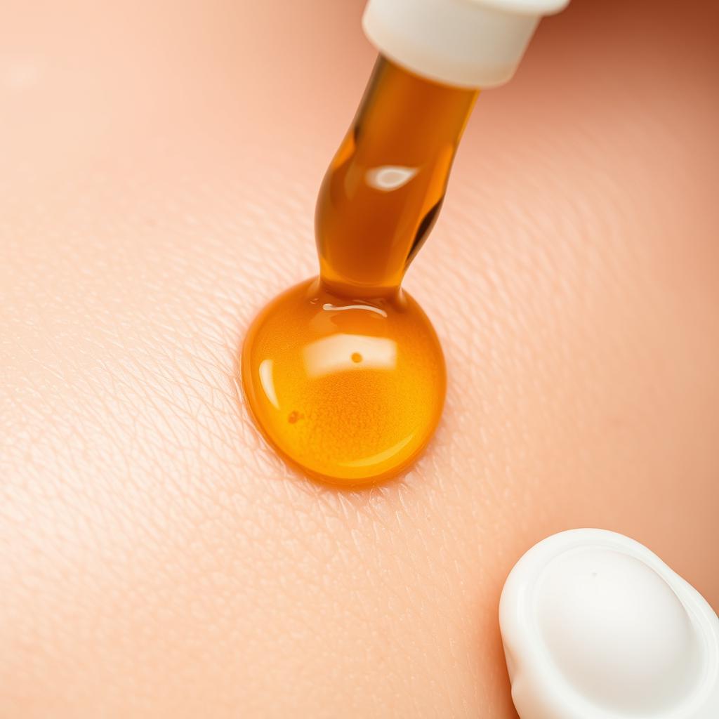Close-up of sandalwood oil being applied to skin showing tightening effect