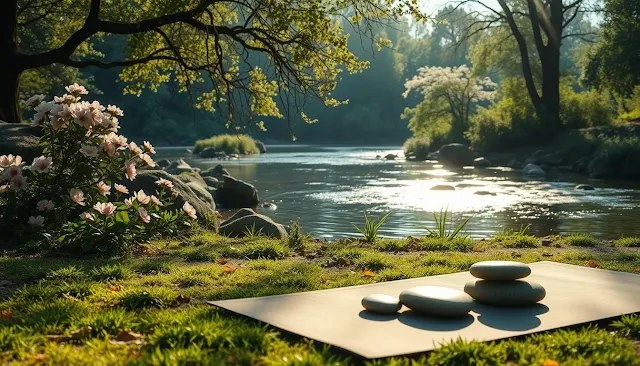 Une scène de nature sereine présente une rivière paisible, une végétation luxuriante et des fleurs en fleurs. La douce lumière du soleil filtre à travers les arbres