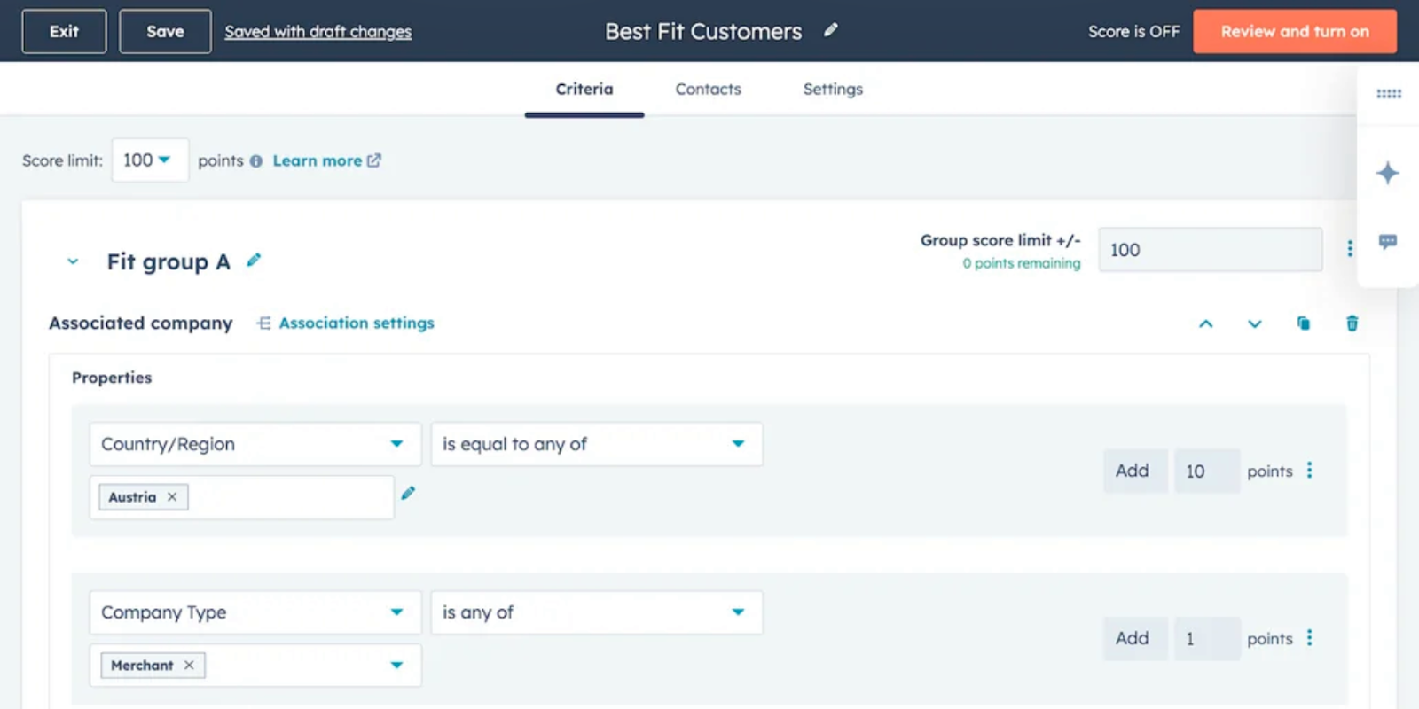 HubSpot interface displaying the lead scoring feature, showcasing options to add or subtract points based on lead behavior.