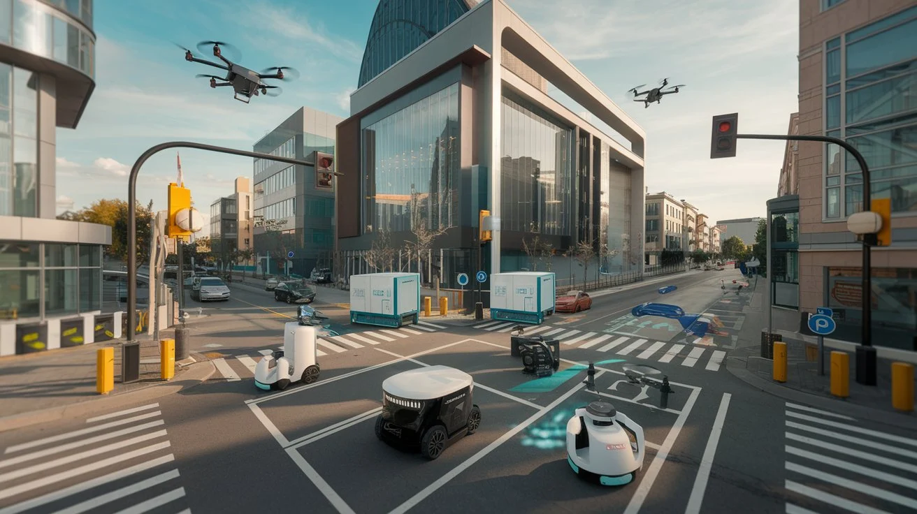 Smart city with autonomous vehicles, drones, and robots powered by Edge AI interacting in real-time