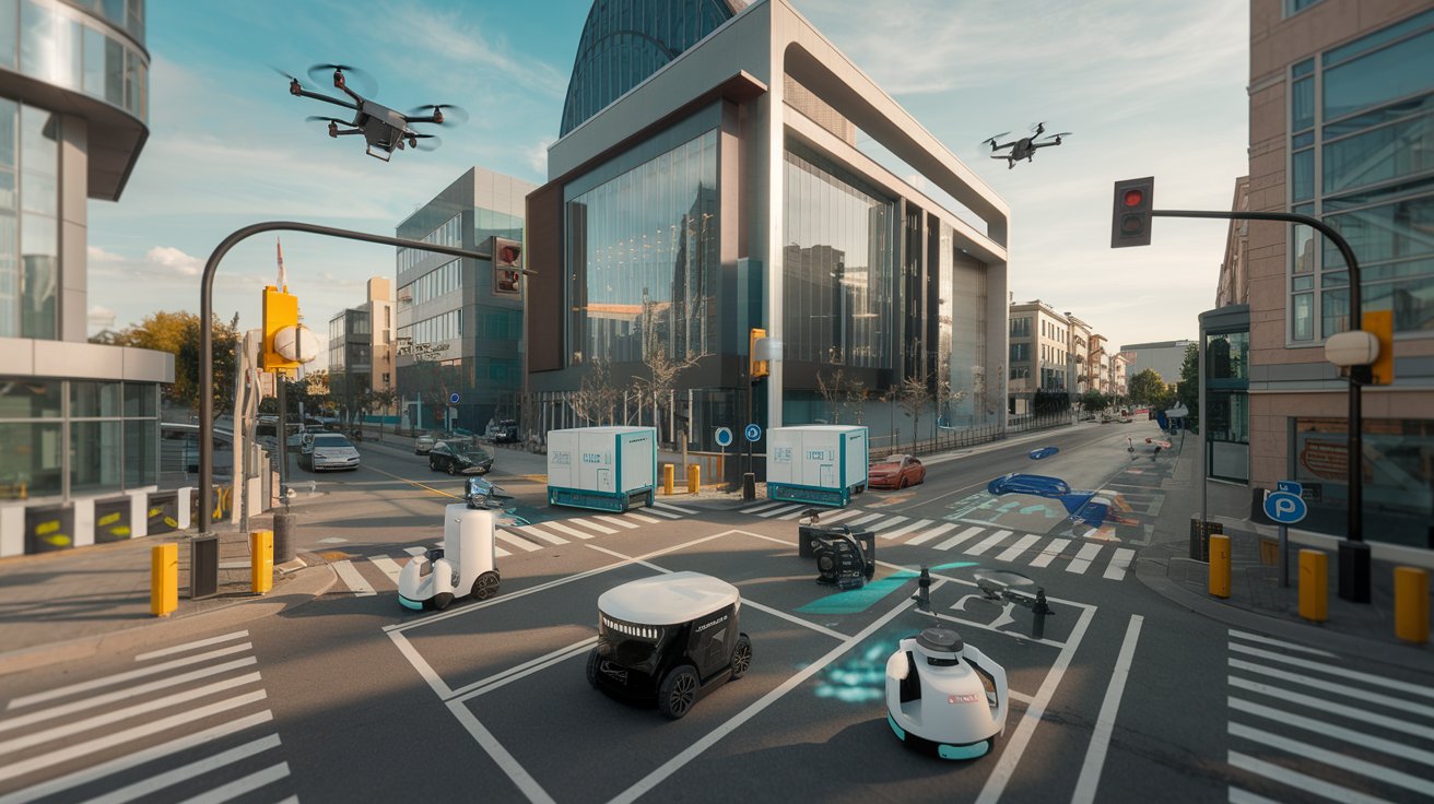 Smart city with autonomous vehicles, drones, and robots powered by Edge AI interacting in real-time