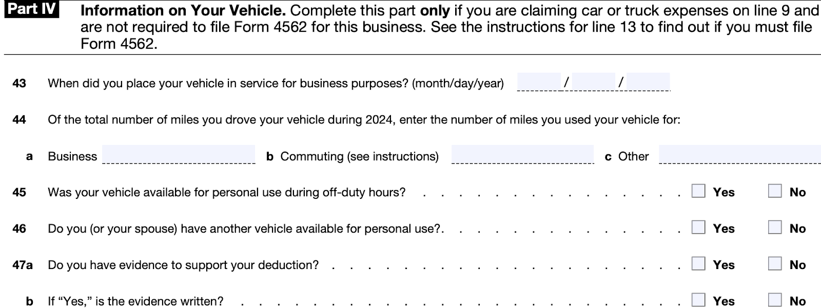 A screenshot of Part IV: Information on Your Vehicle for Schedule C (Form 1040)