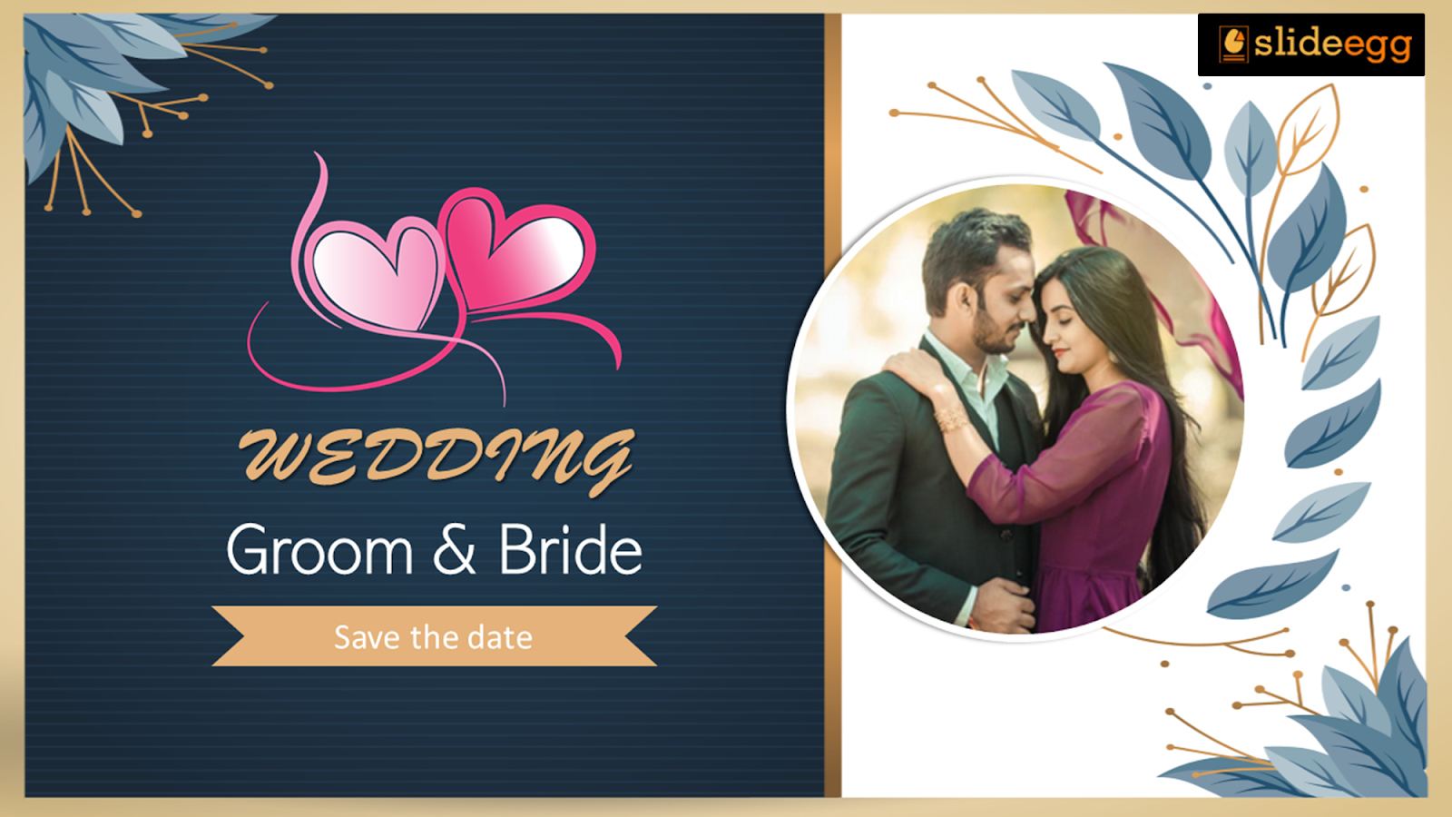 Elegant wedding invitation card with a cute couple, ‘Groom & Bride’ text, and ‘Save the date’ subtitle.