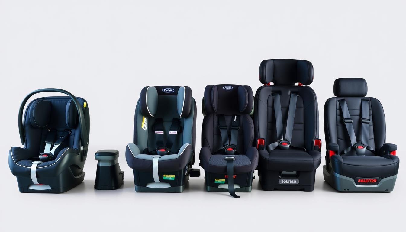 Different types of car seats arranged by age and size requirements for car seat safety