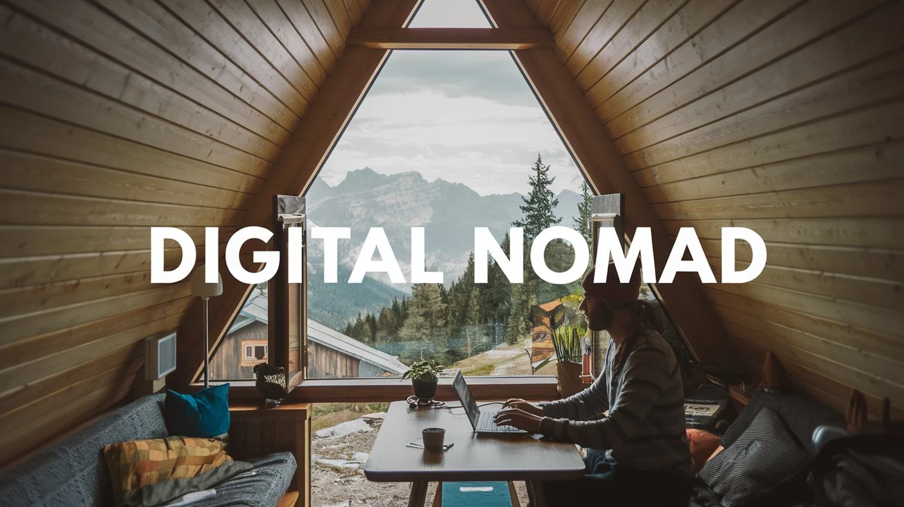 Digital nomad working from a mountain cabin with a scenic view of mountains and forest.