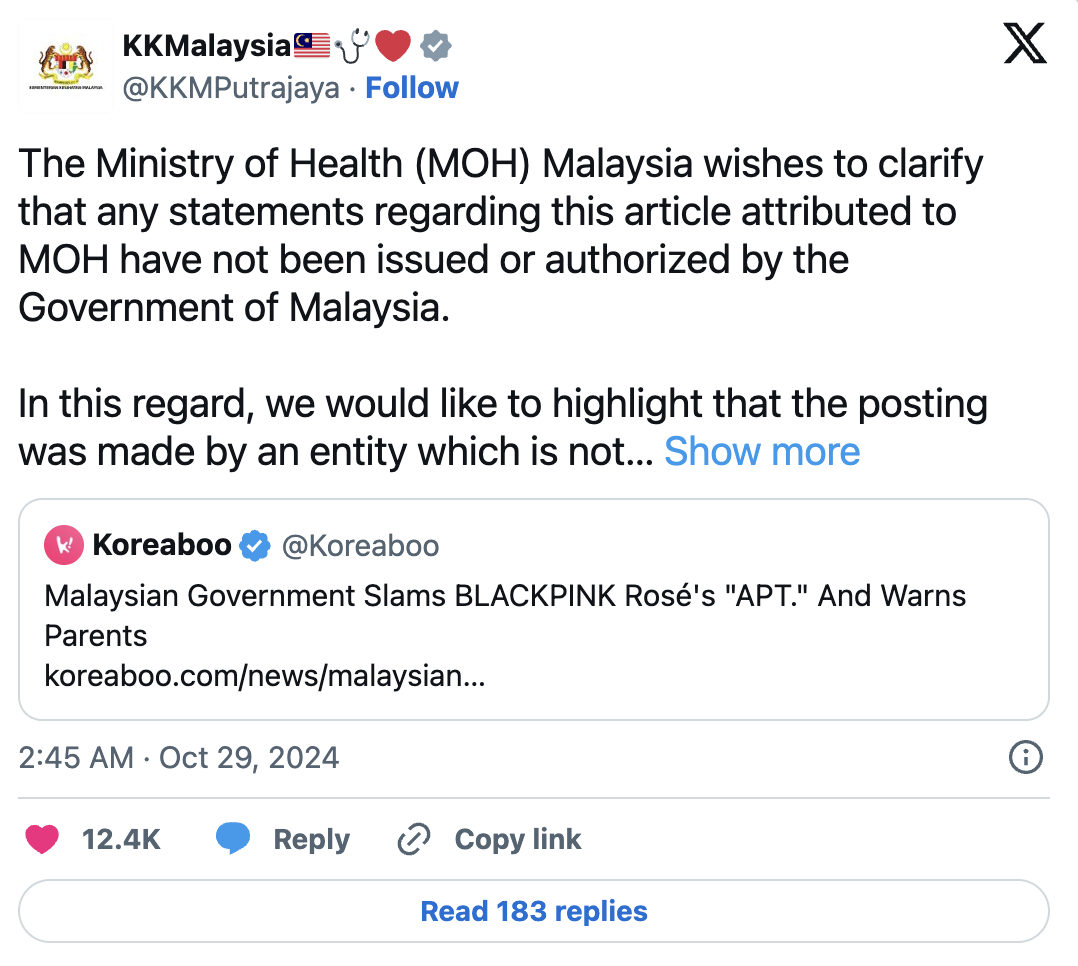 A tweet on X by the Malaysian Ministry of Health regarding the "APT" album 