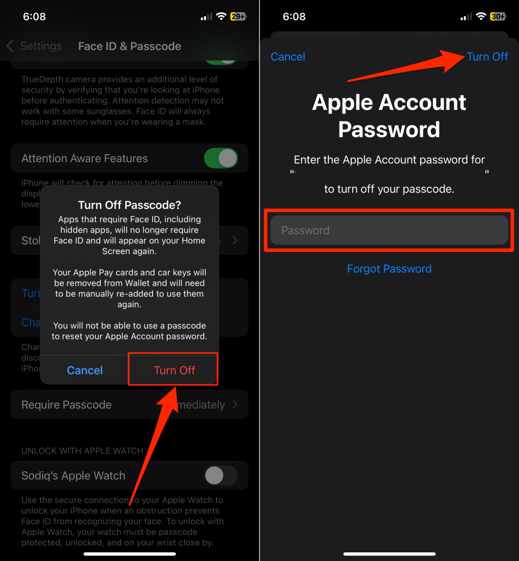 Steps to turn off passcode on an iPhone