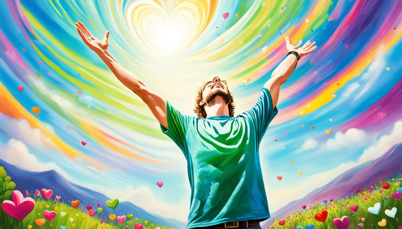 A person standing on top of a hill with their arms open wide, looking up at the sky as if ready to receive love. The sky is filled with colorful and vibrant energy, symbolizing the power of the universe to bring love into their life. The person's surroundings are lush and green, showing growth and abundance. In the background, there is a heart-shaped cloud, indicating that love is on its way to them.