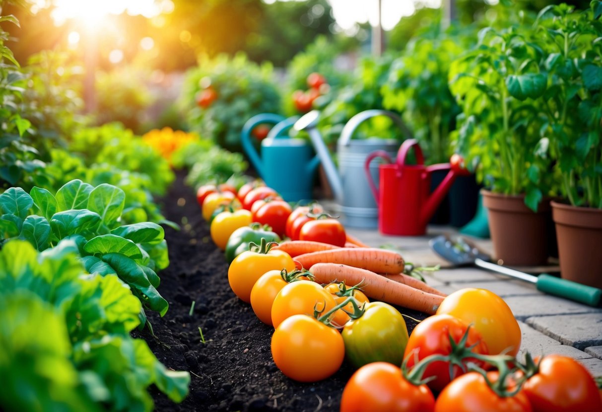 A garden with a variety of vegetables growing in neat rows, including tomatoes, carrots, lettuce, and peppers. The sun is shining, and there are tools and watering cans nearby