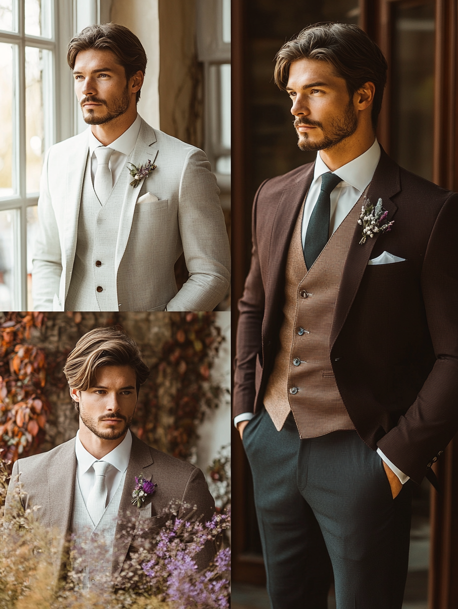 
Four angles showcasing wedding suits for each season: spring with light gray, pastel blue, and beige suits in a fresh, floral garden; summer with sand, light blue, and white suits in a sunny beach setting; fall with deep green, burgundy, and charcoal gray suits against a backdrop of autumn leaves; winter with navy, black, and deep maroon suits in an elegant, snowy indoor venue. Each season distinctly styled, with seamless transitions between the scenes