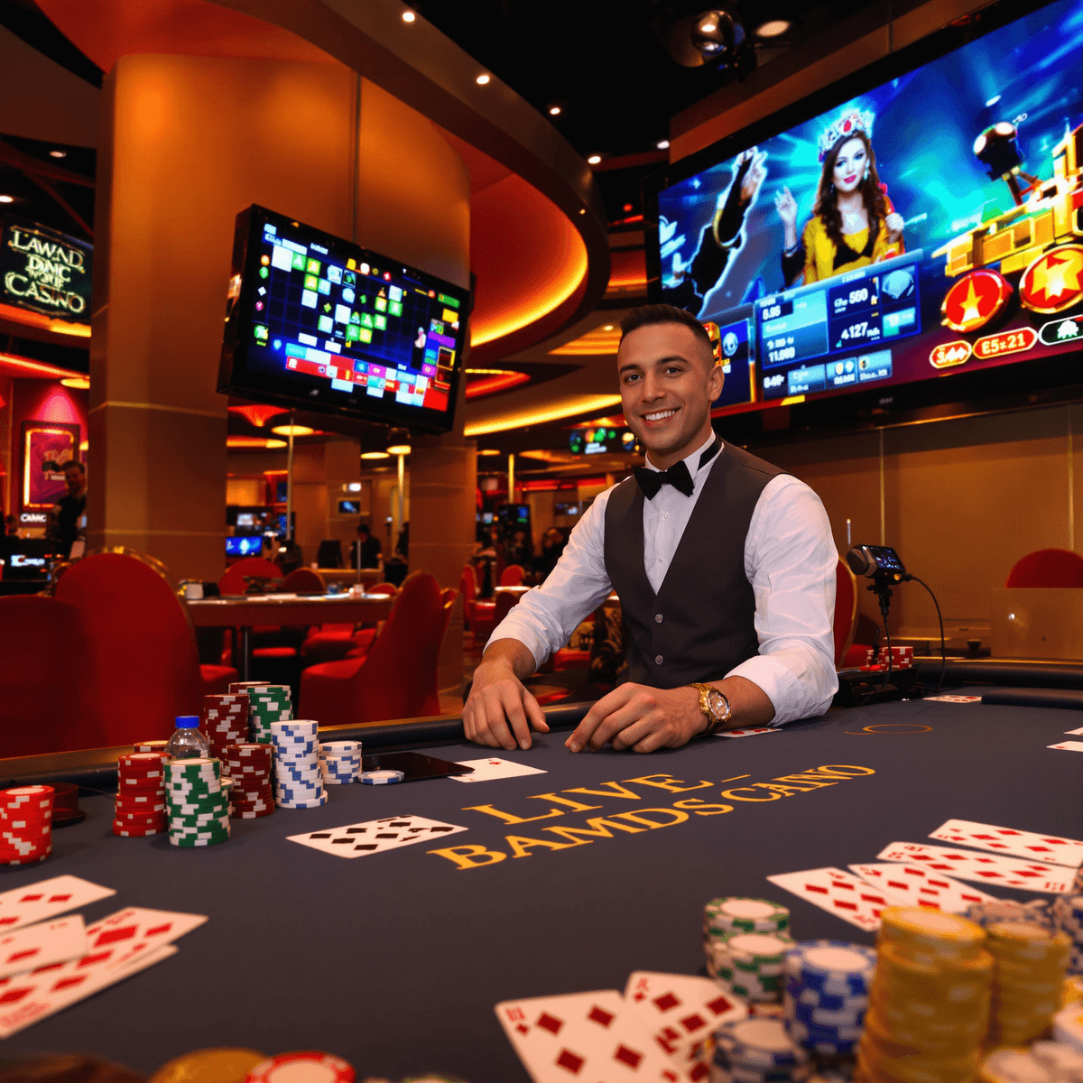 Một thiết lập casino hiện đại sôi động với một dealer chuyên nghiệp tại bàn chơi, được bao quanh bởi công nghệ phát trực tuyến, ánh sáng ấm áp và bầu không khí thân thiện.