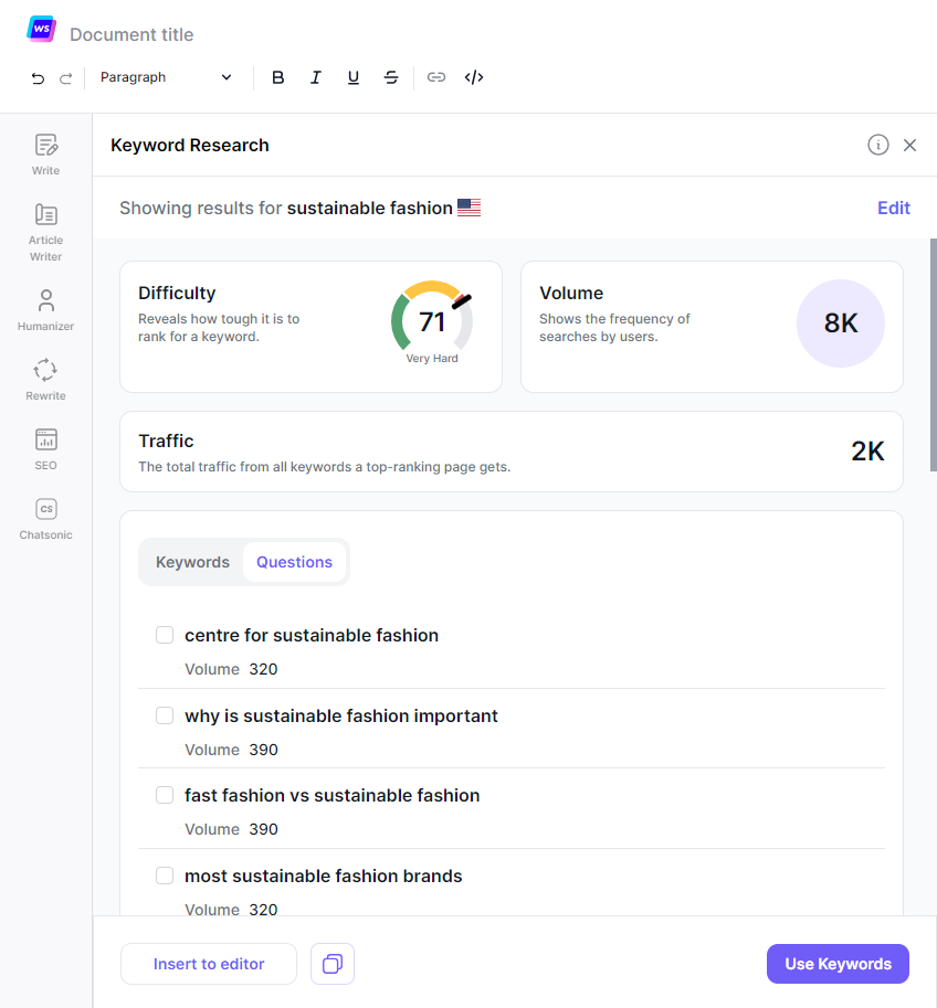 Writesonic Keyword Research Tool - AI for SEO