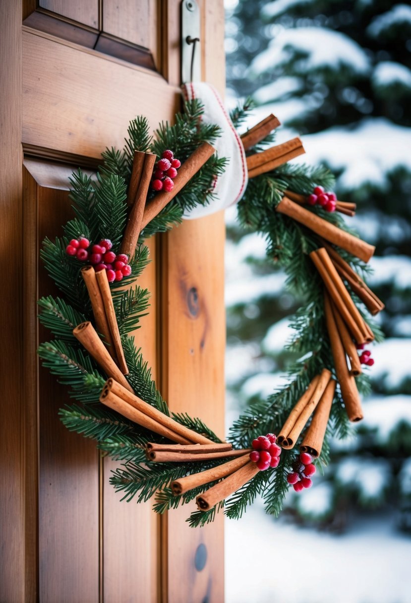 A rustic wreath made of cinnamon sticks, twigs, and berries hangs on a wooden door, surrounded by snow-covered pine trees