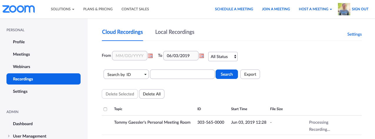 Zoom cloud recordings page showing a list of recordings with options to search, export, and delete.