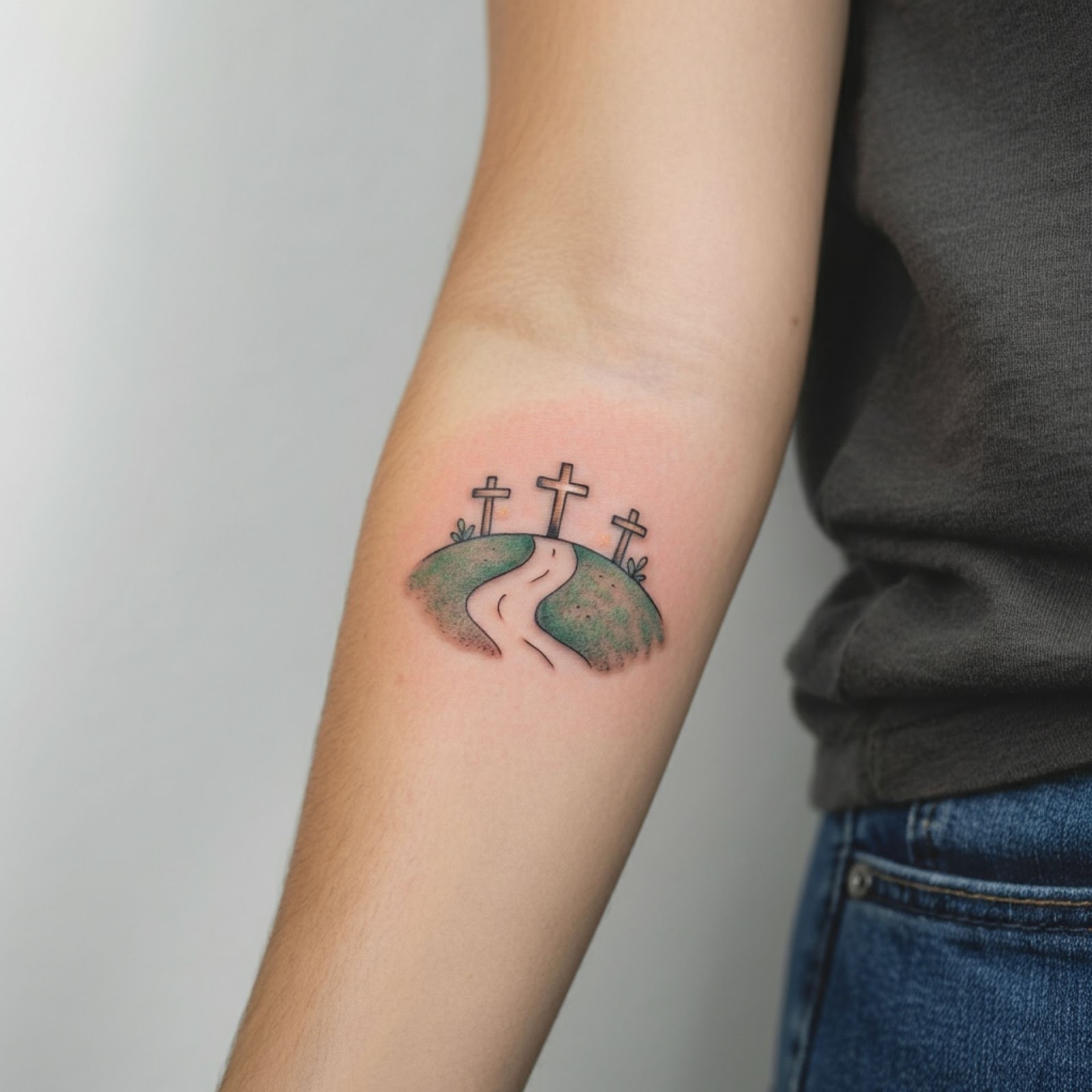 Three Crosses on a Hill with a Crossroad Path Tattoo